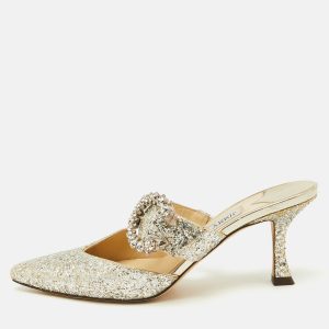Jimmy Choo Silver Coarse Glitter Crystal Embellished Marta Mules Size 36, Sandals - Luxury Closet catalog