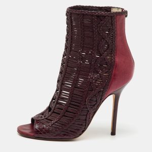 Jimmy Choo Burgundy Braided Leather Java Peep Toe Ankle Boots Size 37.5, Boots - Luxury Closet catalog