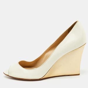 Jimmy Choo Off White Patent Leather Peep Toe Wedge Pumps Size 38.5, Pumps - Luxury Closet catalog