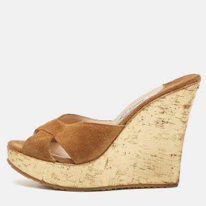 Jimmy Choo Brown Suede  Criss Cross Cork Wedge Slide Sandals Size 36.5, Sandals - Luxury Closet catalog