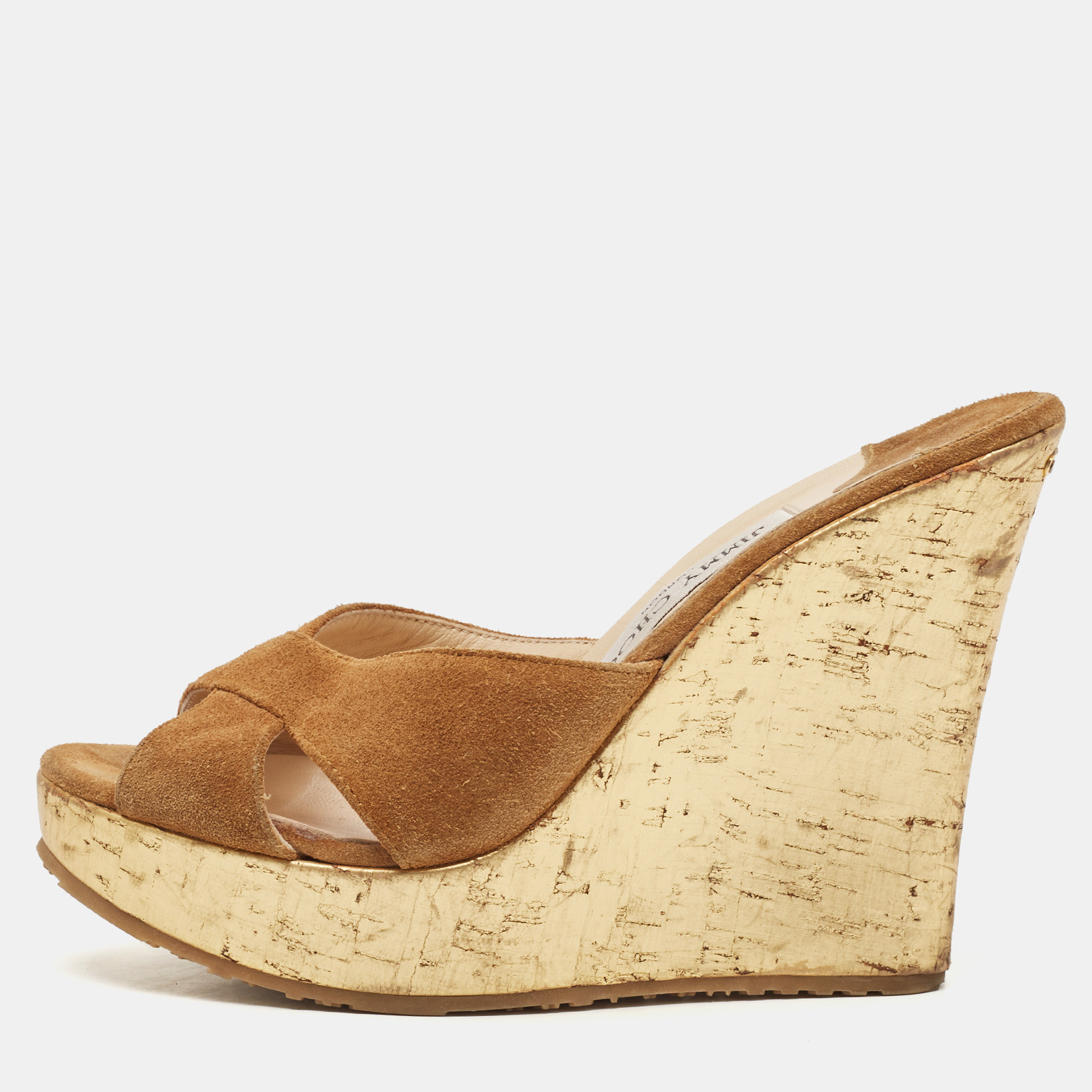 Jimmy Choo Brown Suede Criss Cross Cork Wedge Slide Sandals Size 36.5, Sandals - Luxury Closet catalog