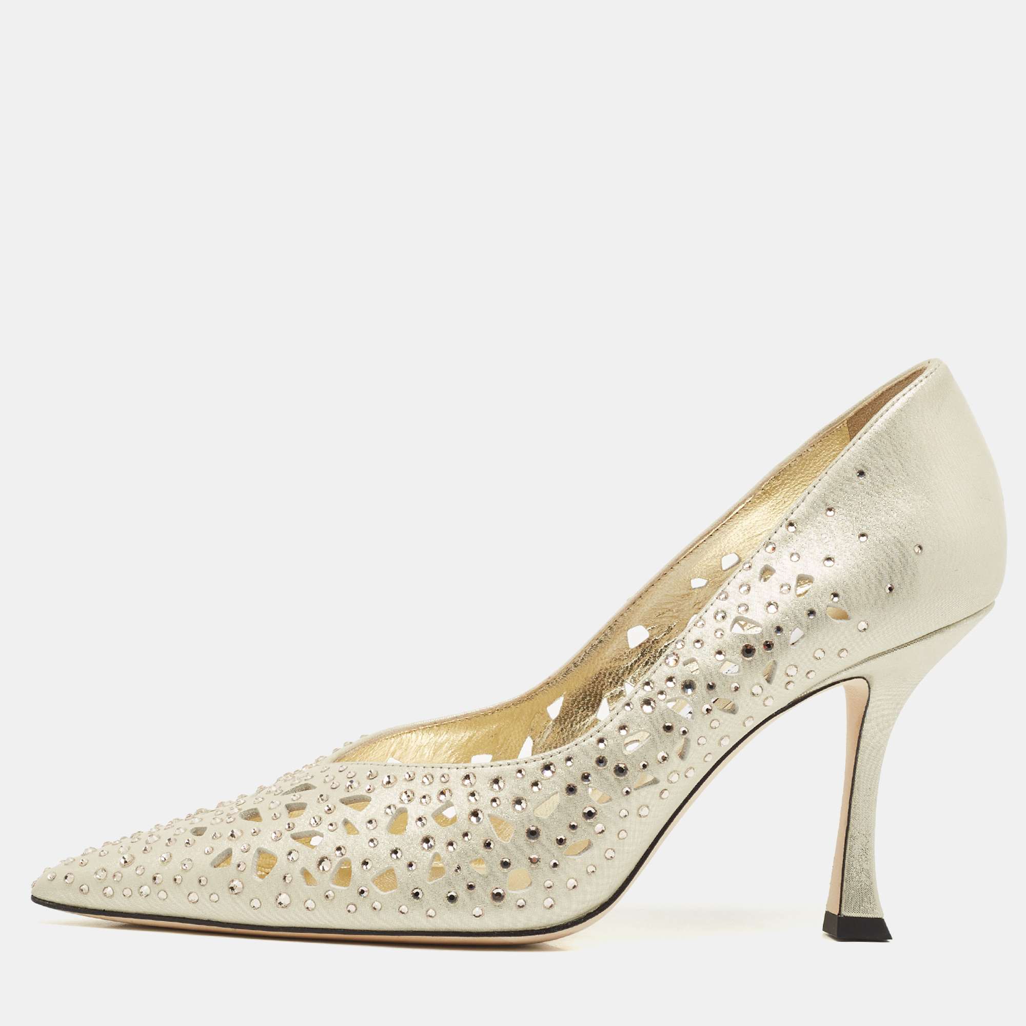 Jimmy Choo Gold Perforated Suede Ziri Pumps Size 38.5, Pumps - Luxury Closet catalog