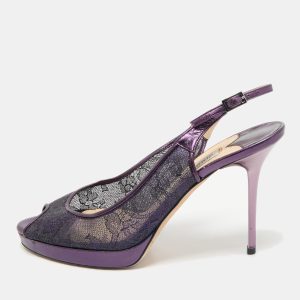 Jimmy Choo Purple Mesh and Leather Peep Toe Platform Slingback Sandals Size 38.5, Sandals - Luxury Closet catalog