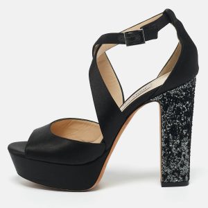Jimmy Choo Black Glitter and Satin Carrie Ankle Strap Sandals Size 38.5, Sandals - Luxury Closet catalog