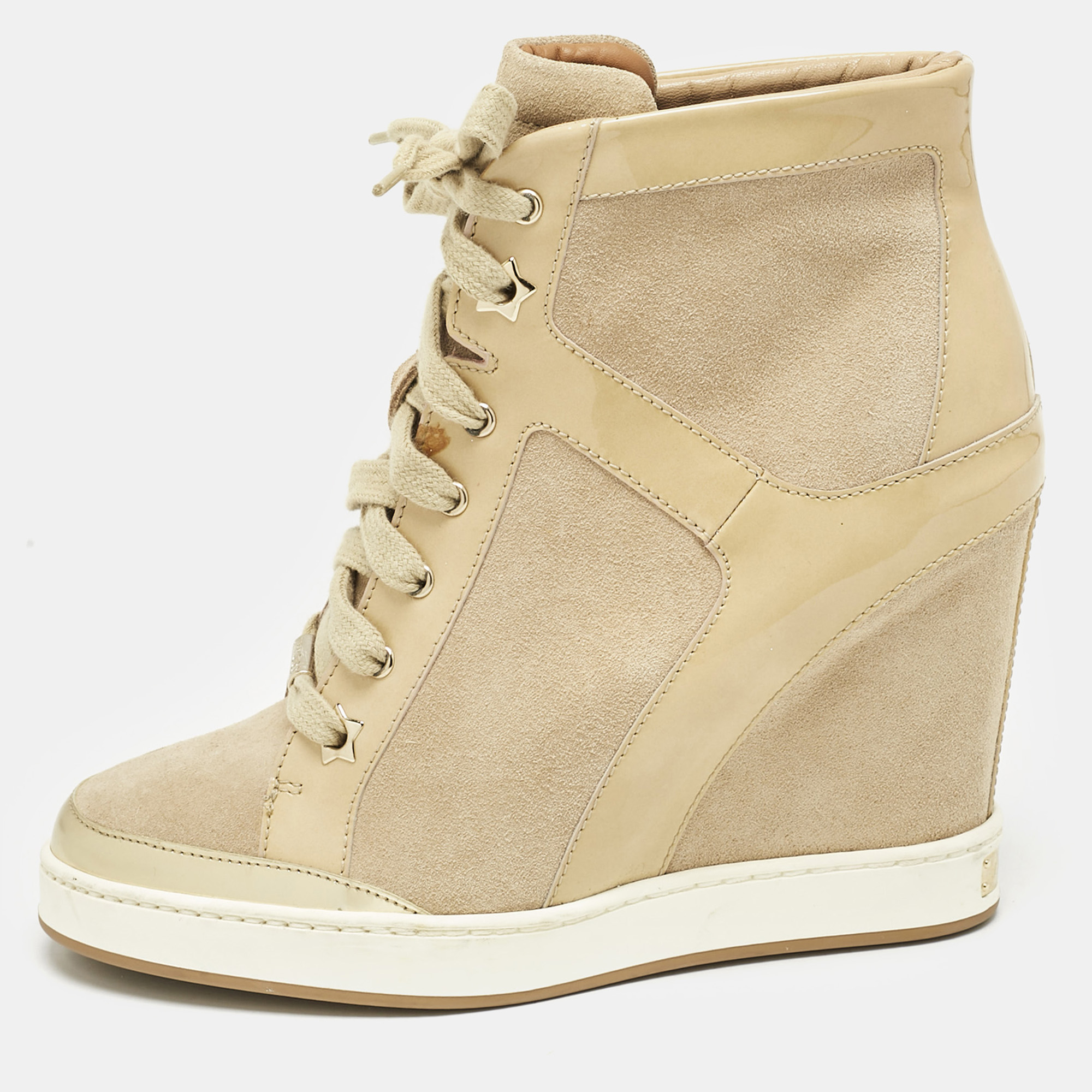Jimmy Choo Beige Suede and Patent Leather Panama Wedge Sneakers Size 37.5, Athletic Shoes & Sneakers - Luxury Closet catalog