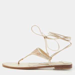 Jimmy Choo Gold Leather Narisa Lace Wrap Thong Flat Sandals Size 37, Sandals - Luxury Closet catalog