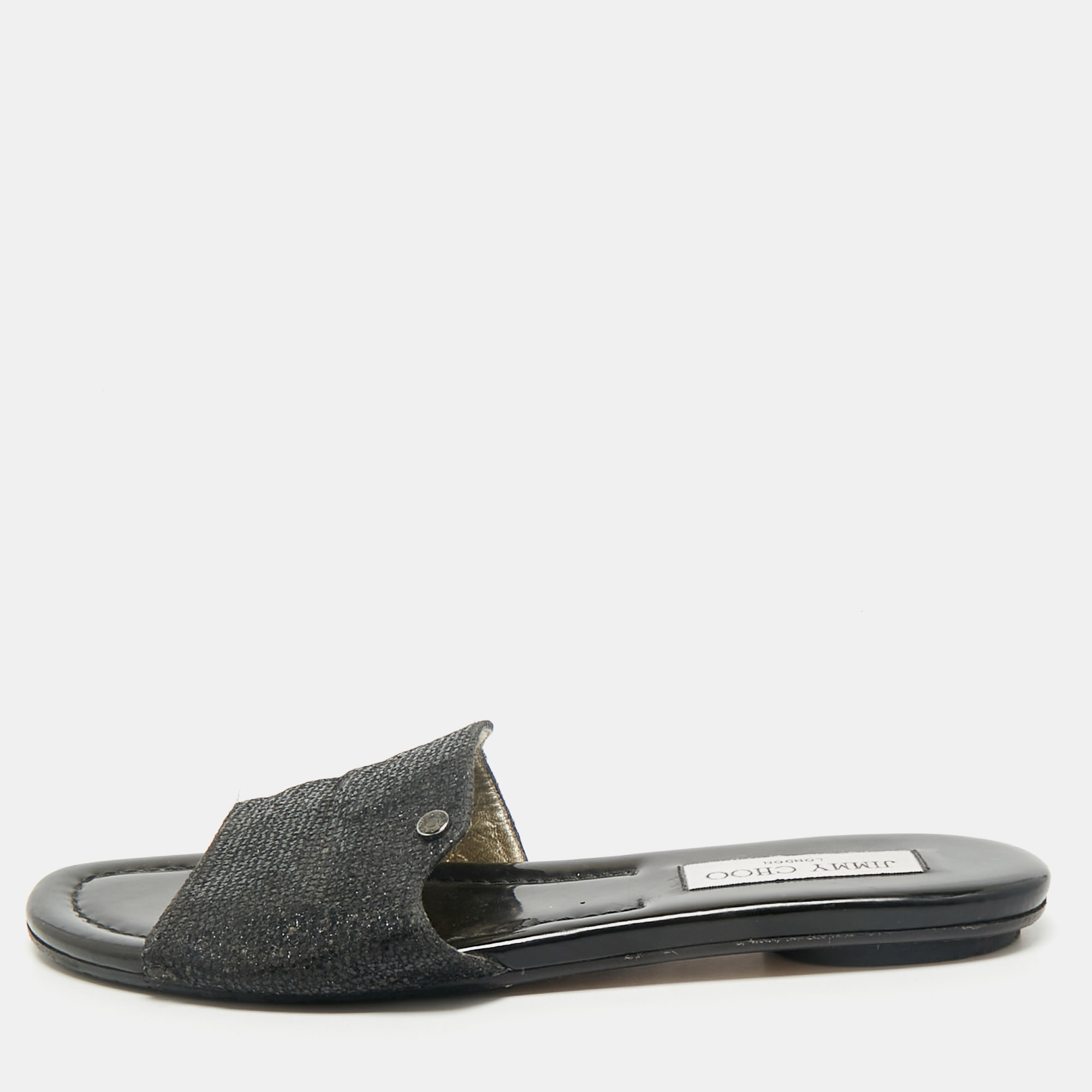 Jimmy Choo Metallic Black Glitter Nanda Flat Slides Size 38.5, Sandals - Luxury Closet catalog