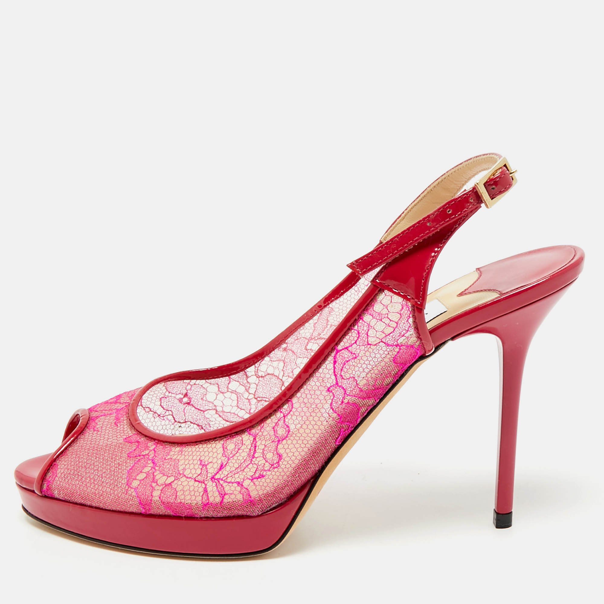 Jimmy Choo Pink/Burgundy Patent and Lace Nova Slingback Sandals Size 36, Pumps - Luxury Closet catalog