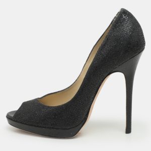 Jimmy Choo Black Glitter Fabric and Leather Luna Platform Pumps Size 39, Pumps - Luxury Closet catalog