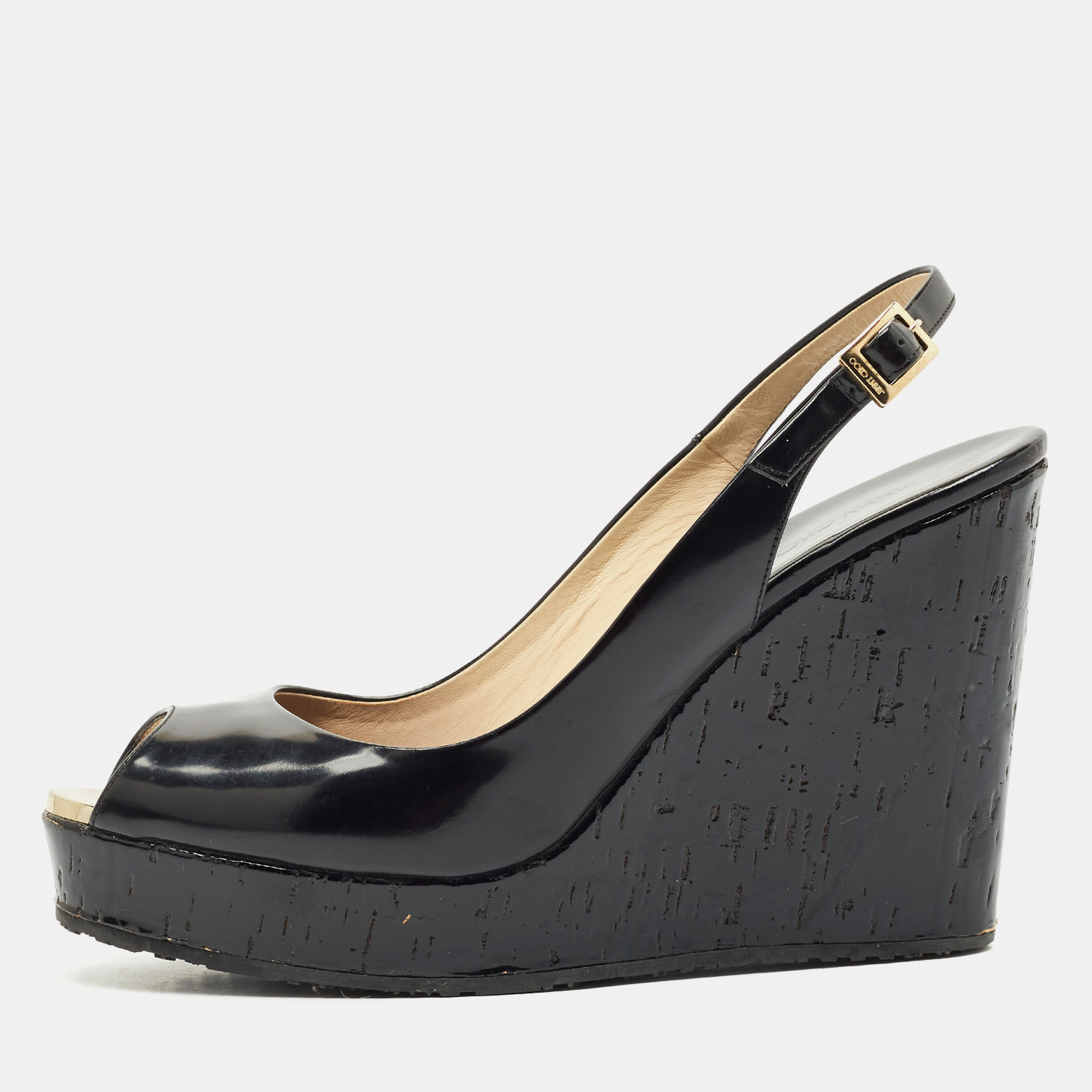 Jimmy Choo Black Patent Platform Wedge Slingback Sandals Size 41, Sandals - Luxury Closet catalog