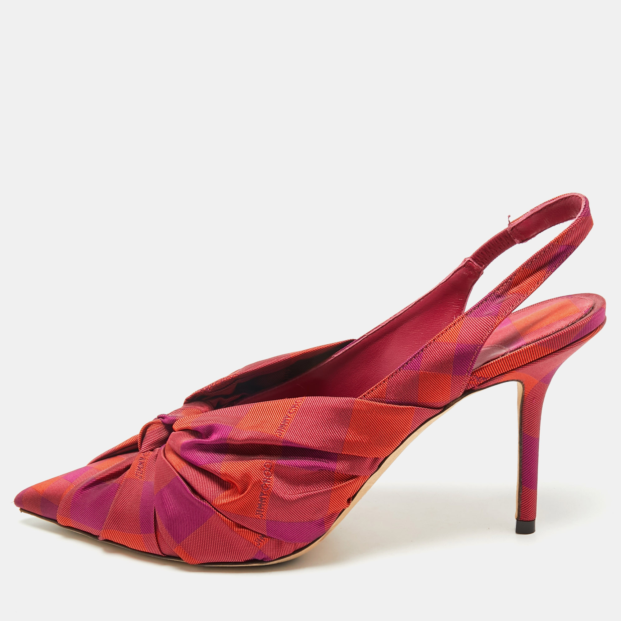Jimmy Choo Pink/Orange Plaid Fabric Knot Pointed Toe Slingback Pumps Size 40, Pumps - Luxury Closet catalog
