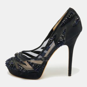 Jimmy Choo Navy Blue Crystal Embellished Suede and Mesh Kershaw Platform Pumps Size 41, Pumps - Luxury Closet catalog