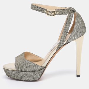 Jimmy Choo Gold Lurex Fabric And Glitter Kayden Platform Ankle Strap Sandals Size 38, Sandals - Luxury Closet catalog