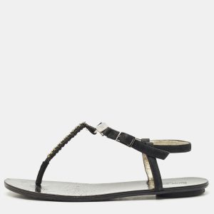 Jimmy Choo Black Shimmer Suede Wander Crystals T-Strap Sandals Size 37, Sandals - Luxury Closet catalog