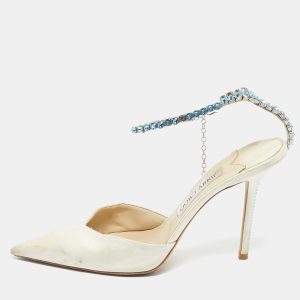 Jimmy Choo Off White Satin Saeda Crystals Ankle Strap Pumps Size 40, Pumps - Luxury Closet catalog