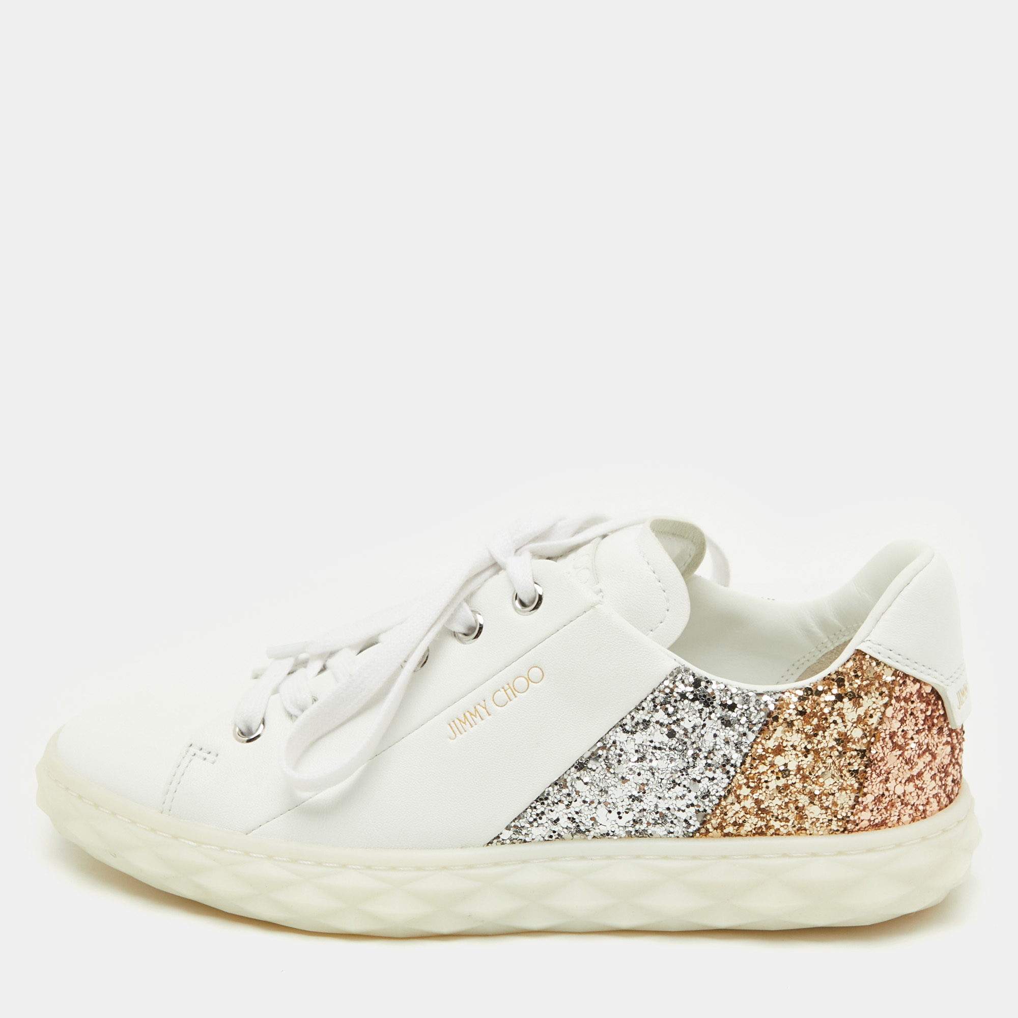 Jimmy Choo White Leather and Glitter Detail Diamond Low Top Sneakers Size 37, Athletic Shoes & Sneakers - Luxury Closet catalog