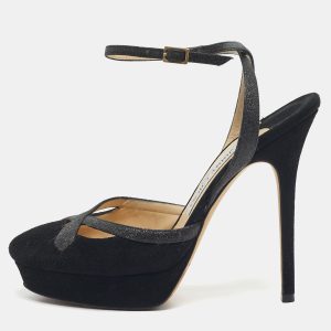 Jimmy Choo Black Glitter and Suede Platform Ankle Wrap Pumps Size 37, Pumps - Luxury Closet catalog