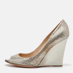 Jimmy Choo Metallic Coarse Glitter Baxen Peep Toe Wedge Pumps Size 39, Pumps - Luxury Closet catalog