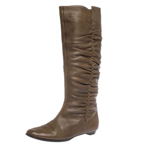 Jimmy Choo Brown Leather Pleat Detail Knee High Boots Size 38.5, Boots - Luxury Closet catalog