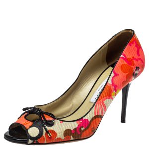Jimmy Choo Multicolor Floral Print Canvas Bow Peep Toe Pumps Size 40, Pumps - Luxury Closet catalog