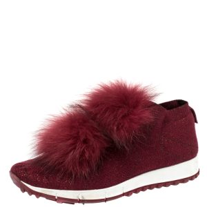 Jimmy Choo Burgundy Knit Fabric And Fur Pom Pom Norway Sneakers Size 38, Athletic Shoes & Sneakers - Luxury Closet catalog