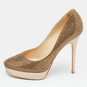 Jimmy Choo Gold Glitter Fabric And Embossed Leather Eros Platform Pumps Size 40, Pumps - Luxury Closet catalog