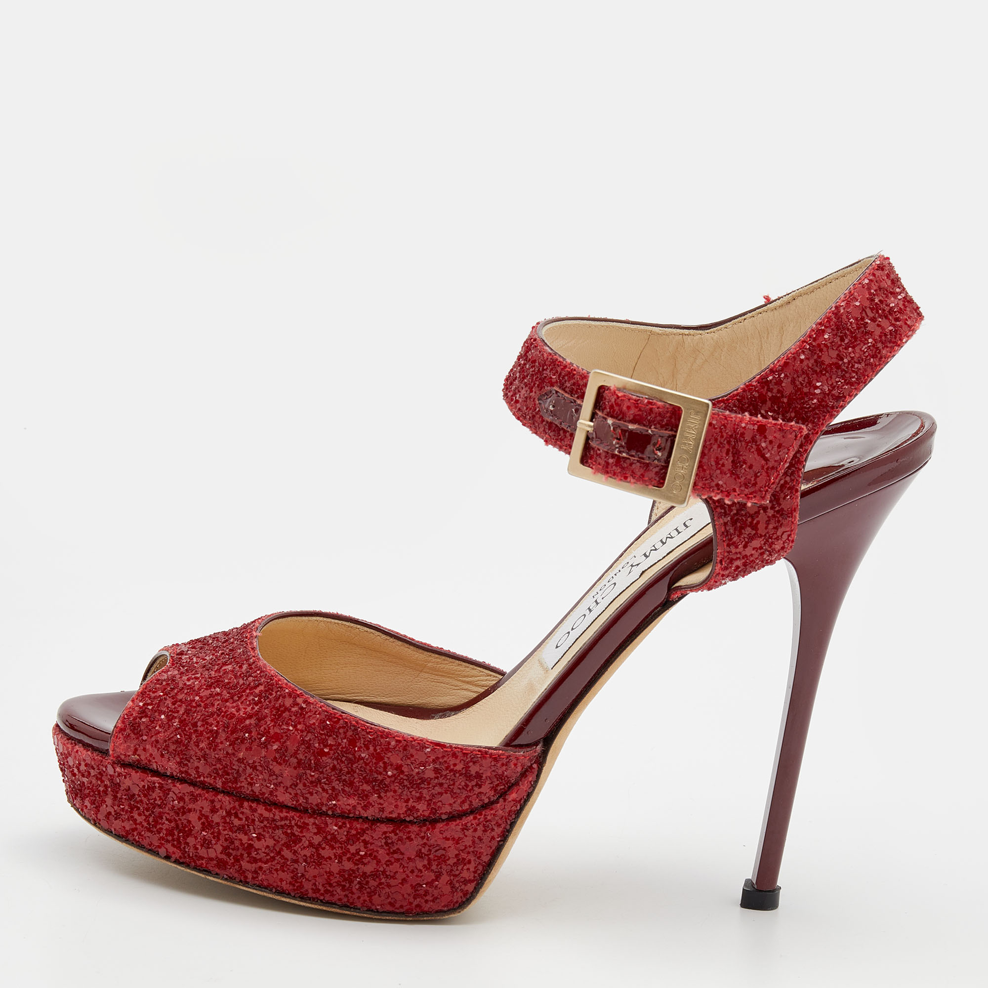Jimmy Choo Red Glitter Linda Platform Ankle Strap Sandals Size 37.5, Sandals - Luxury Closet catalog