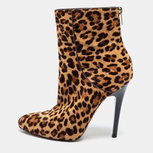Jimmy Choo Beige/Brown Leopard Print Calf Hair Ankle Booties Size 37.5, Boots - Luxury Closet catalog