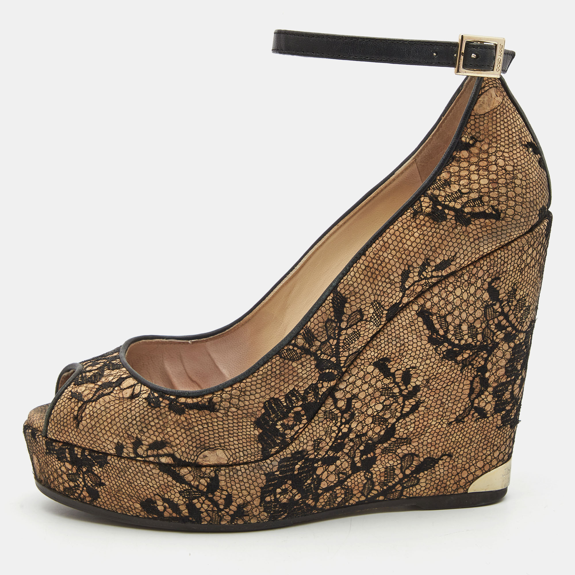 Jimmy Choo Brown/Black Cork and Lace Wedge Ankle Strap Pumps Size 38, Pumps - Luxury Closet catalog