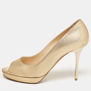 Jimmy Choo Gold Textured Leather Luna Pumps Size 38.5, Pumps - Luxury Closet catalog