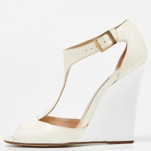 Jimmy Choo White/Cream Patent Leather Token T Strap Wedges Size 38.5, Sandals - Luxury Closet catalog