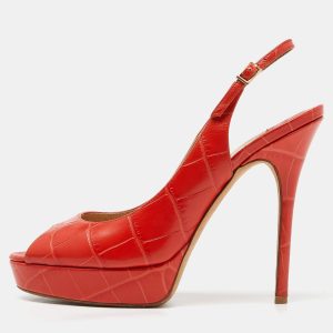 Jimmy Choo Orange Croc Embossed Leather Peep Toe Platform Slingback Pumps Size 39, Pumps - Luxury Closet catalog