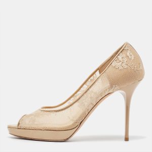 Jimmy Choo Beige Lace and Patent Leather Luna Peep Toe Pumps Size 39, Pumps - Luxury Closet catalog