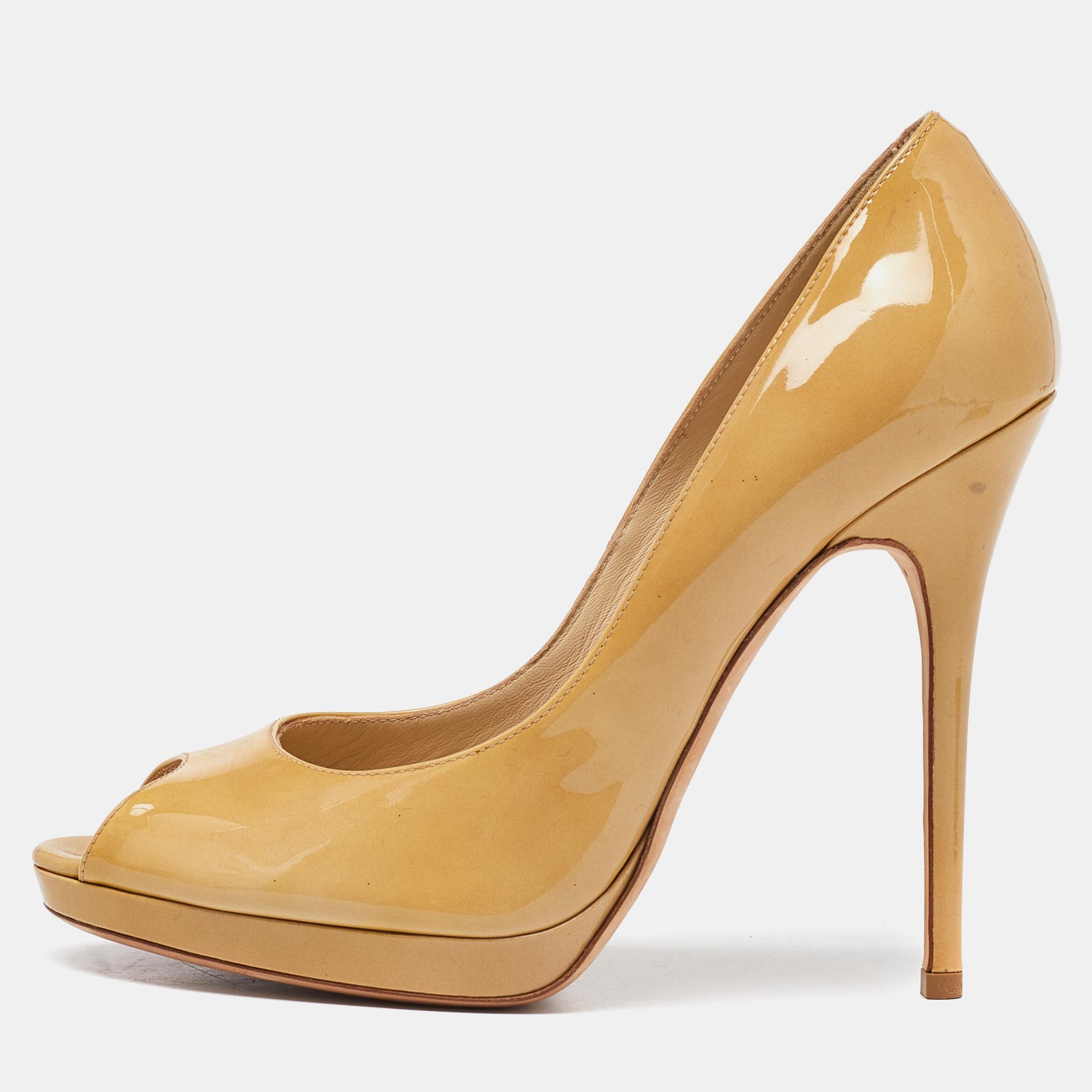 Jimmy Choo Beige Patent Leather Crown Peep Toe Pumps Size 40, Pumps - Luxury Closet catalog