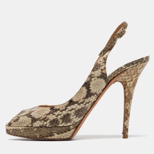 Jimmy Choo Brown/Beige Python Embossed Leather Slingback Peep Toe Pumps Size 39.5, Pumps - Luxury Closet catalog