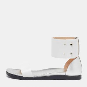 Joseph White/Silver Leather Ankle Strap Flat Sandals Size 39, Sandals - Luxury Closet catalog