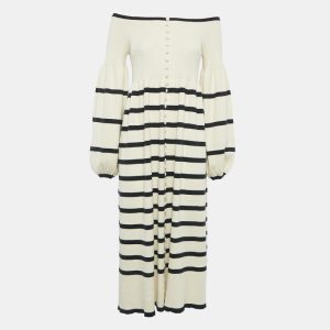 Joslin Off-White Rib Knit Stripe Off-Shoulder Button Detail Flared Midi Dress S, Dresses - Luxury Closet catalog