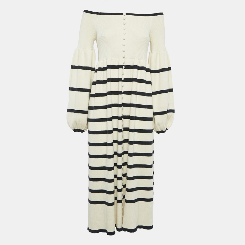 Joslin Off-White Rib Knit Stripe Off-Shoulder Button Detail Flared Midi Dress S, Dresses - Luxury Closet catalog