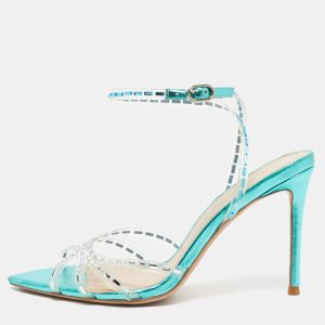 J&eacute;ssamiro Transparent/Metallic Blue Leather and PVC Crystal Embellished Ankle Wrap Sandals Size 39, Sandals - Luxury Closet catalog