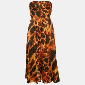 Just Cavalli Orange Printed Satin Strapless Midi Dress M, Dresses - Luxury Closet catalog