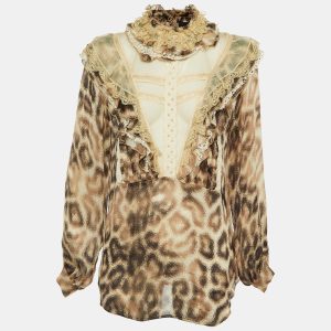 Just Cavalli Beige Animal Print Silk Lace Trim Ruffled Top S, Shirts & Tops - Luxury Closet catalog
