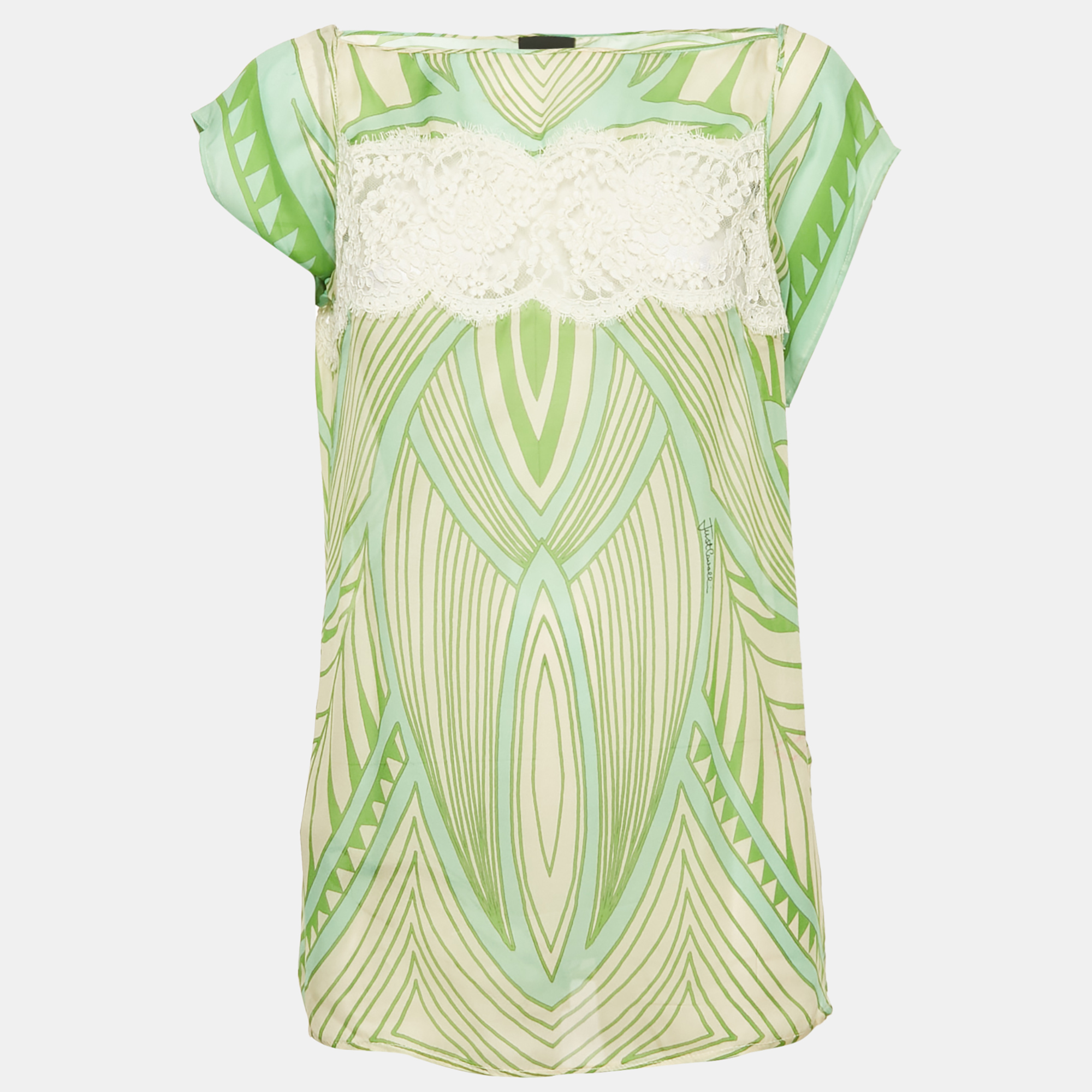 Just Cavalli Green Printed Lace Trim Silk Top L, Shirts & Tops - Luxury Closet catalog