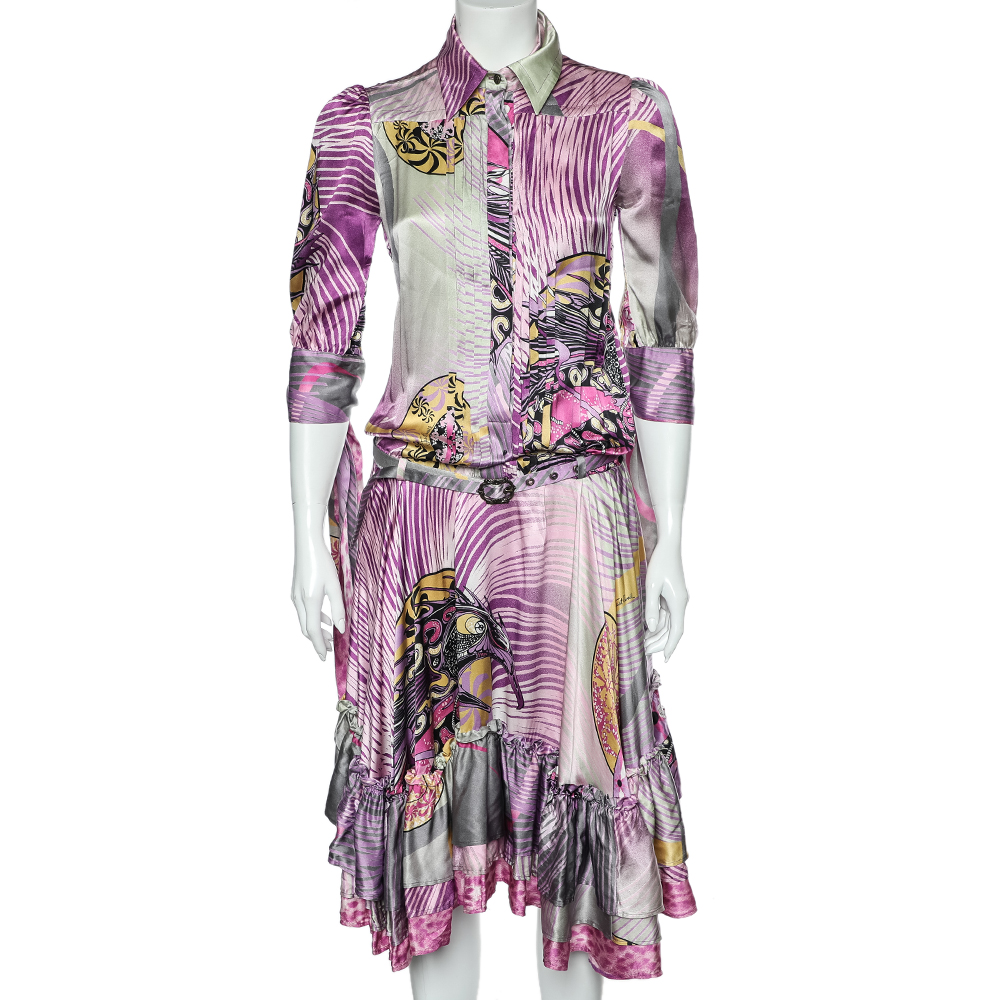 Just Cavalli Multicolor Printed Silk Belted Ruffled Hem Dress S, Dresses - Luxury Closet catalog