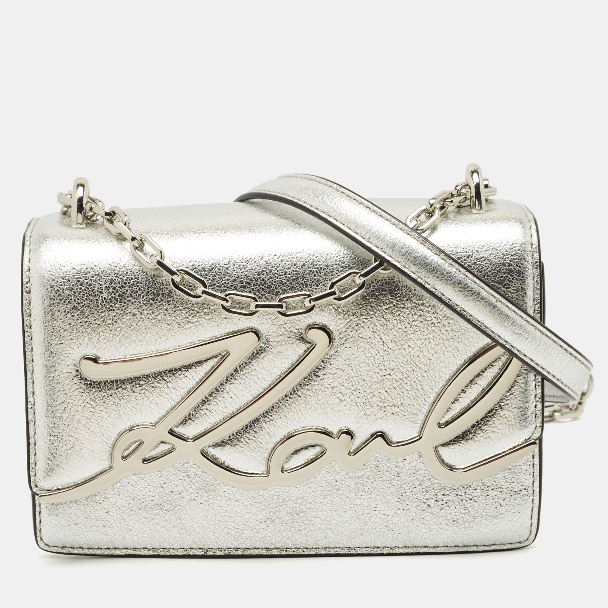 Karl Lagerfeld Silver Leather K/Signature Shoulder Bag, Shoulder Bags - Luxury Closet catalog