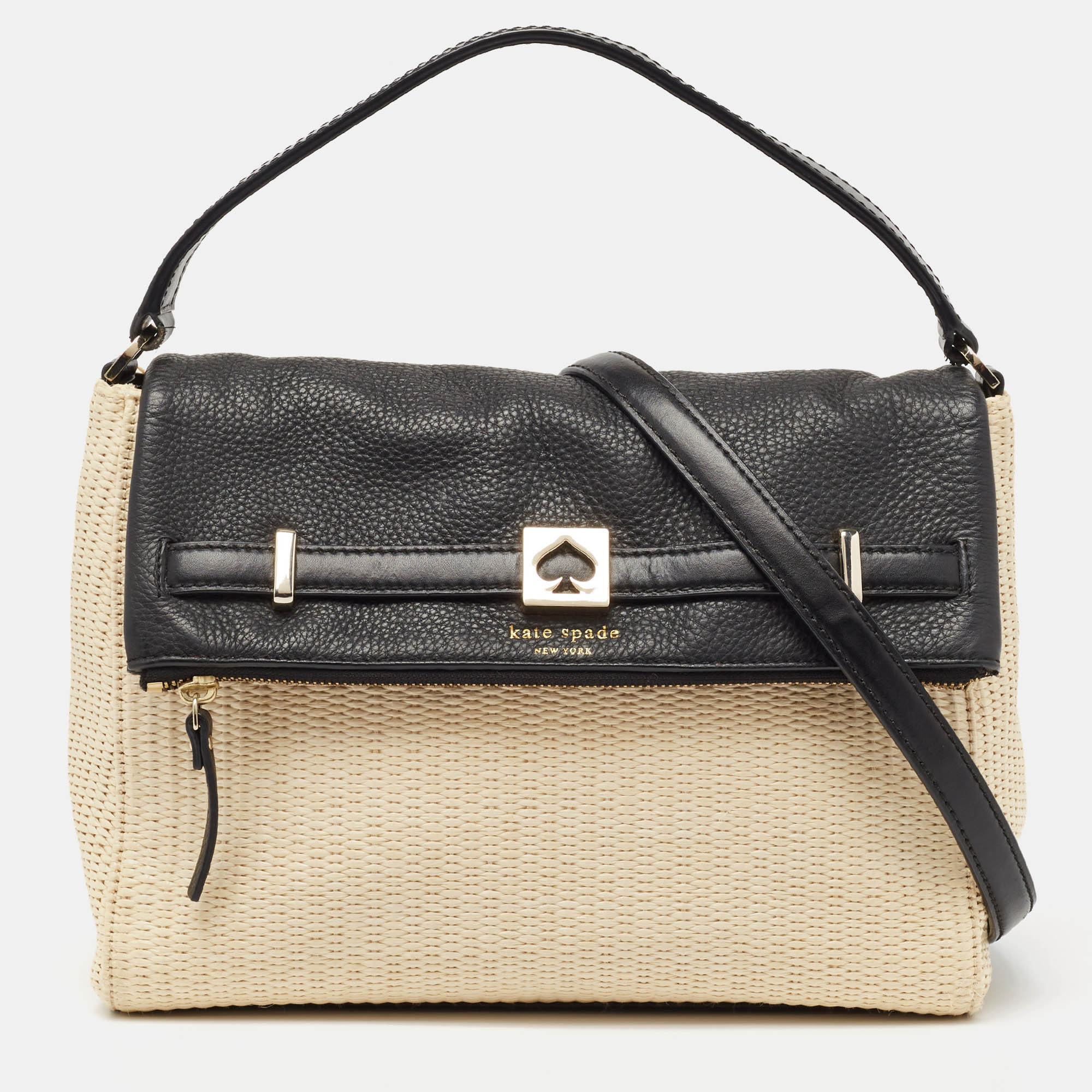 Kate Spade Beige/Black Woven Straw and Leather Loula Shoulder Bag, Satchels - Luxury Closet catalog