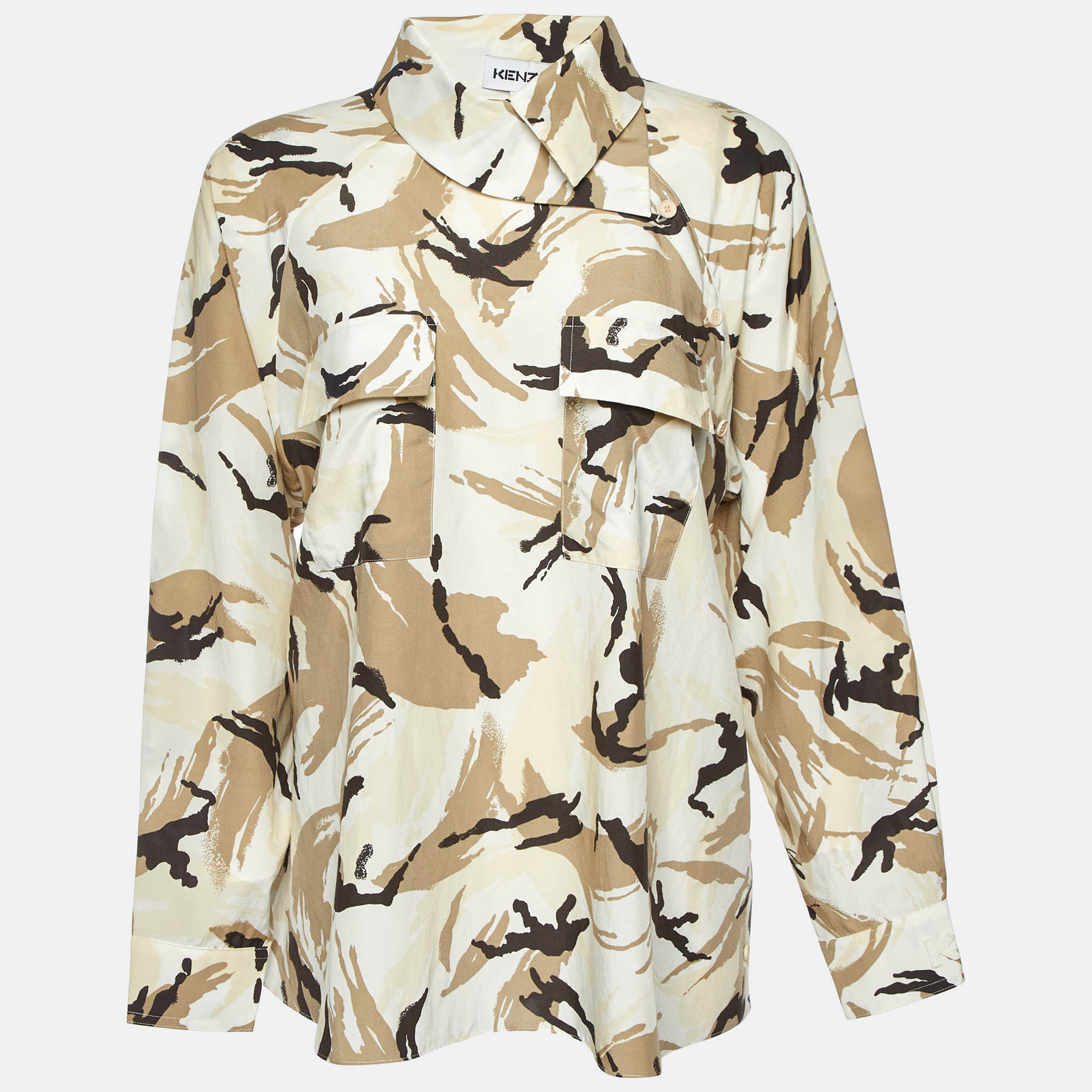 Kenzo Beige Camouflage Print Silk Blend Asymmetric Shirt S, Shirts & Tops - Luxury Closet catalog