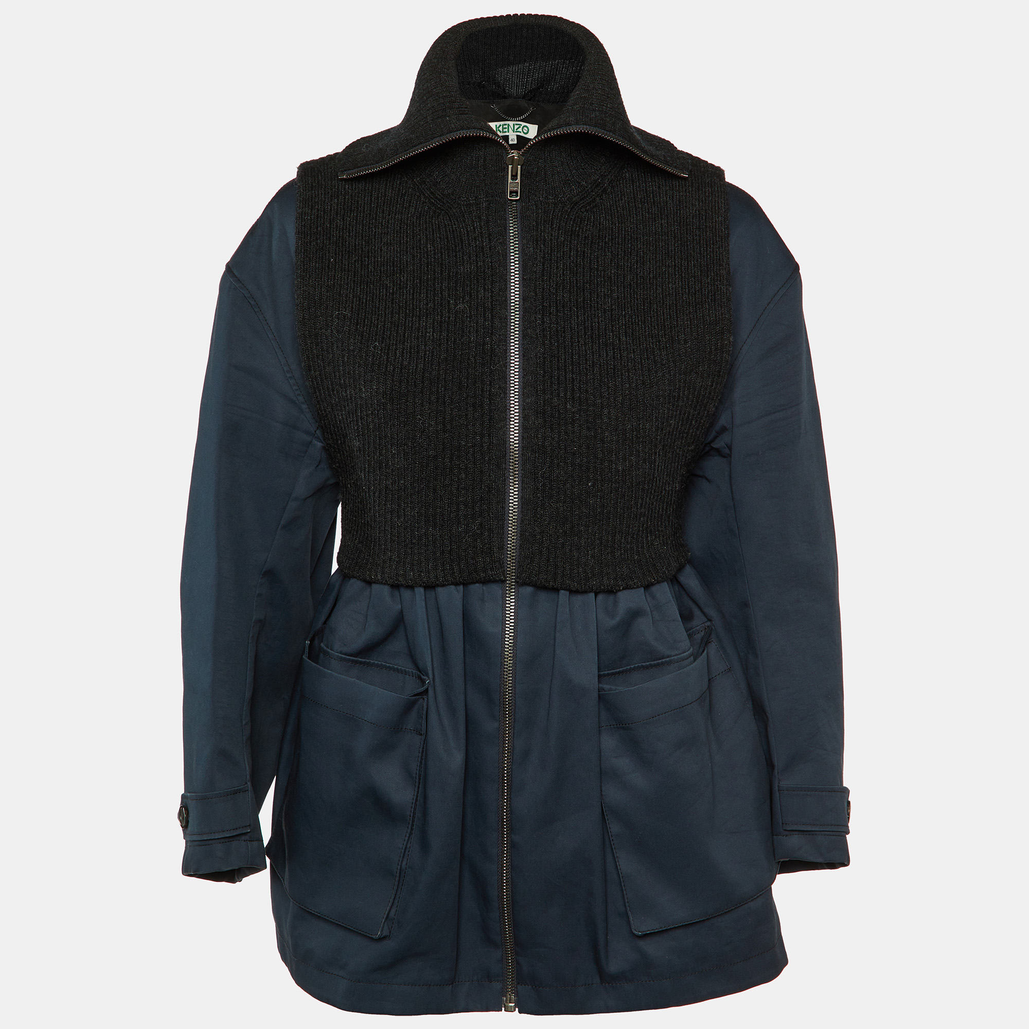 Kenzo Black/Navy Blue Rib Knit and Cotton Pleated Zip-Up Jacket M, Coats & Jackets - Luxury Closet catalog