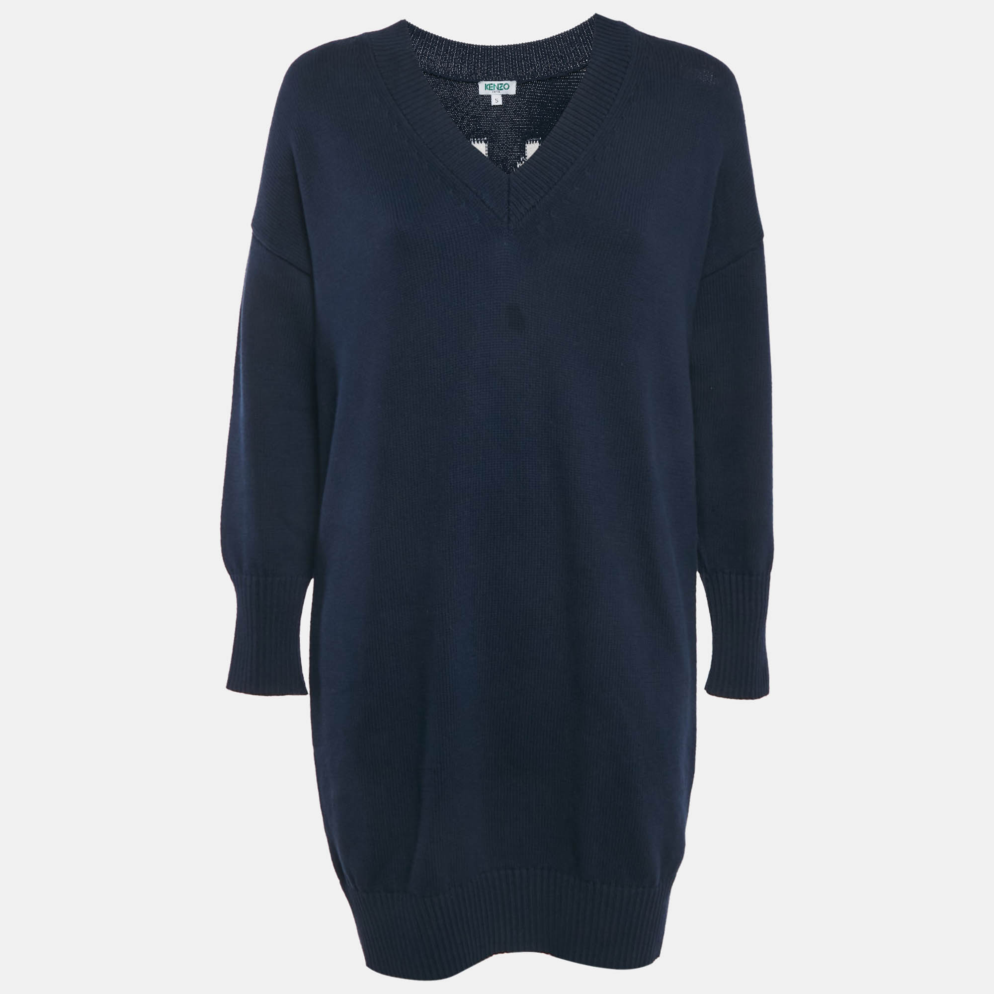 Kenzo Navy Blue Logo Intarsia Rib Knit Mini Sweater Dress S, Dresses - Luxury Closet catalog