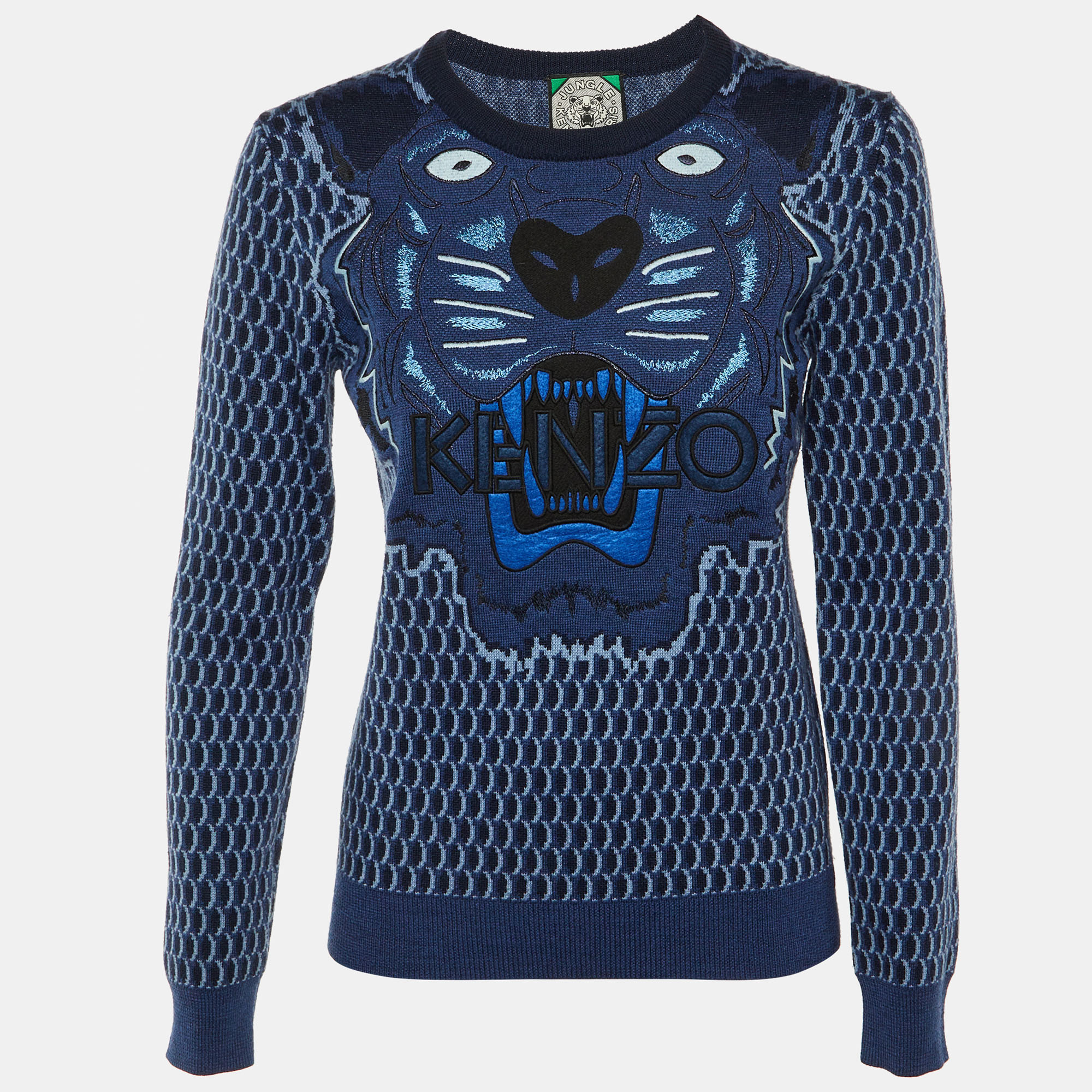 Kenzo Blue Tiger Embroidered Wool Crew Neck Sweater M, Sweaters & Cardigans - Luxury Closet catalog