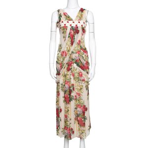 Kenzo Beige Polka Textured Floral Print Silk Draped Maxi Dress S, Dresses - Luxury Closet catalog